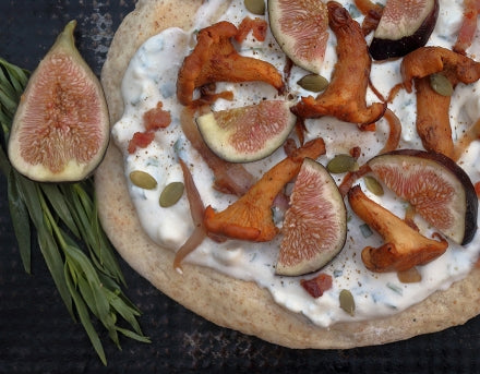 Chanterelles flammekueche with bacon, figs and almonds